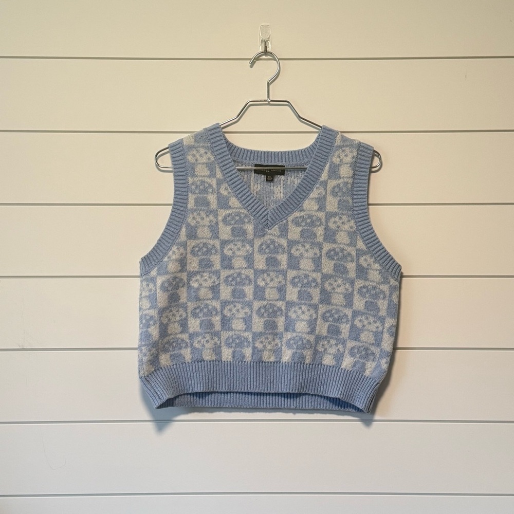 Whimsy Cottagecore Mushroom Knit Vest Blue White Checkered Sweater Vest XS